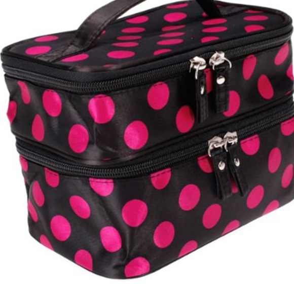 NWT Durable Double Layer Cosmetic Bag with Zipper black with pink dots - Picture 2 of 7